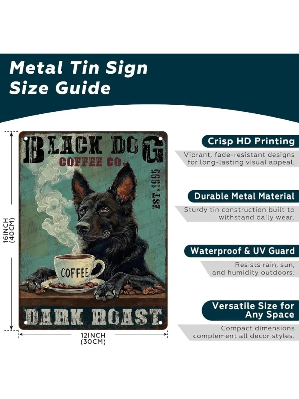 Vintage Black German Shepherd Dog Metal Sign | Coffee & Home Decor | 16x12 Inch